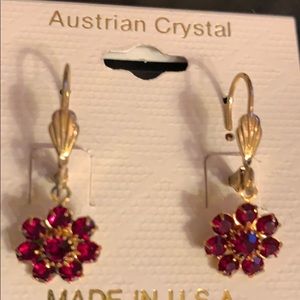 AUSTRIAN CRYSTAL RUBY RED GOLEN HOOK EARRINGS.